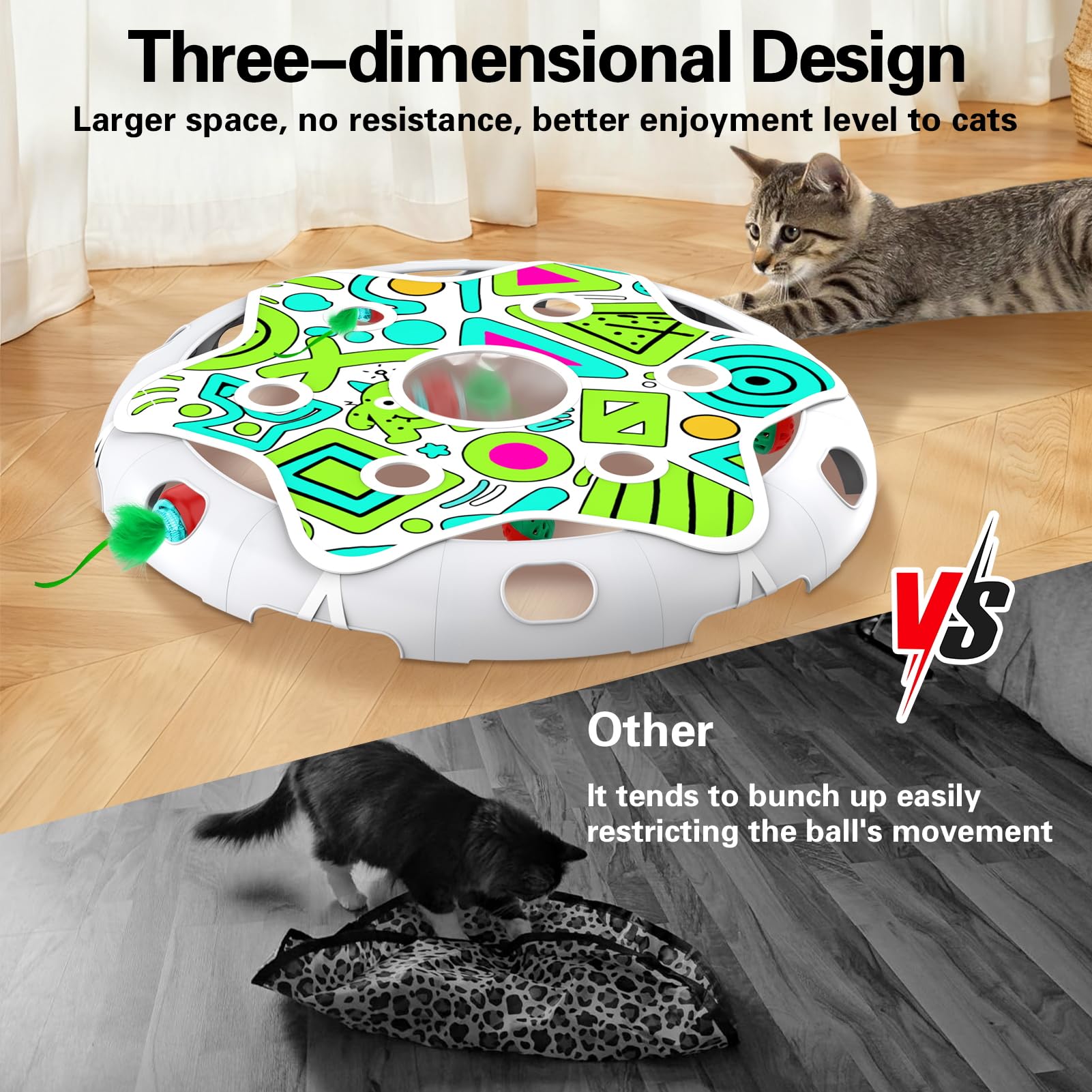 Sofolor cat bell ball pair highlights tactile toys that invite interactive play and batting practice.