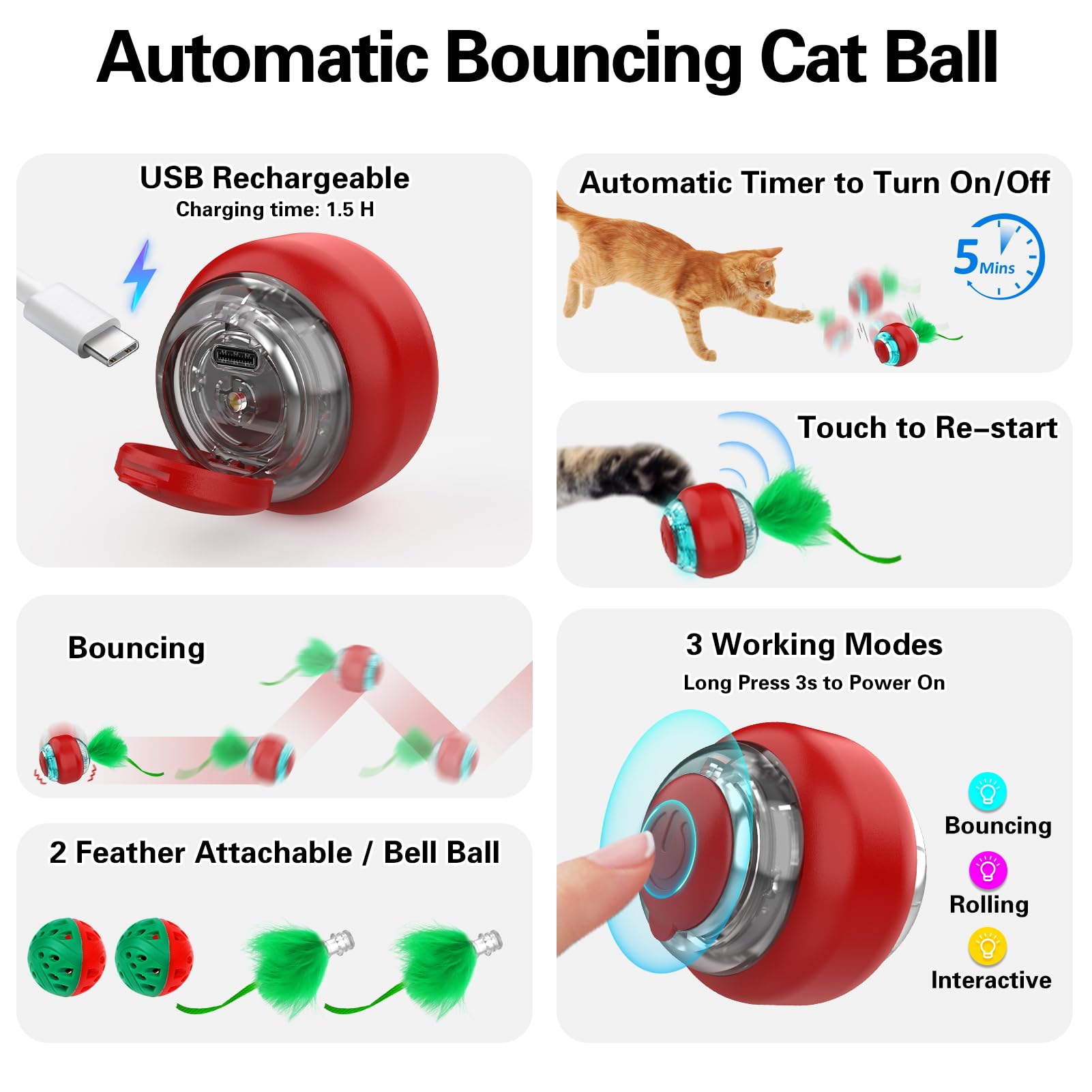 Sofolor rechargeable cat ball with LED modes showcases varied play, encouraging paw taps and chasing.