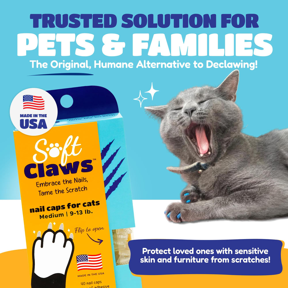 Soft Claws blue nail caps applied to a cat paw for scratch prevention.