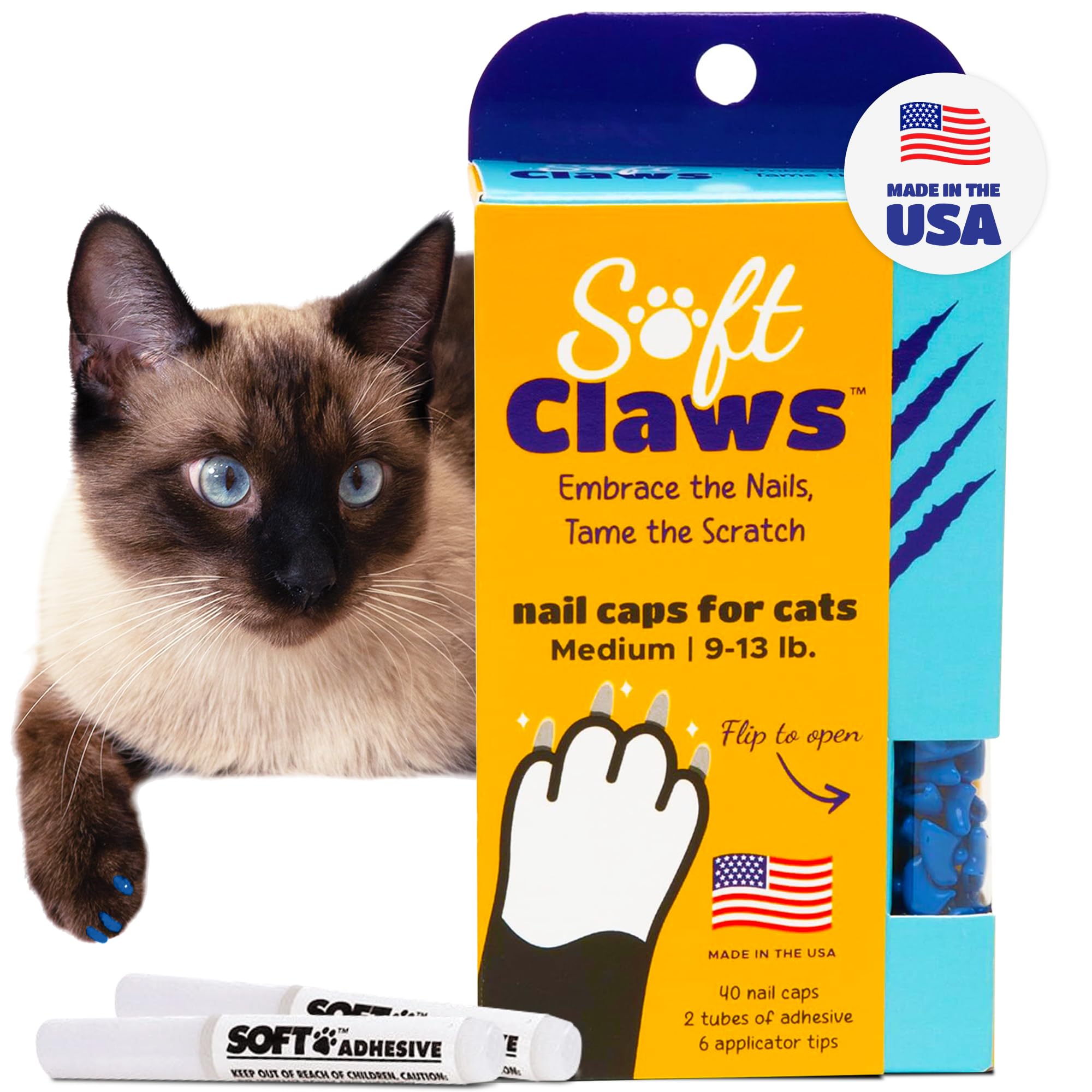 Soft Claws blue nail caps packaging ready for easy home protection.