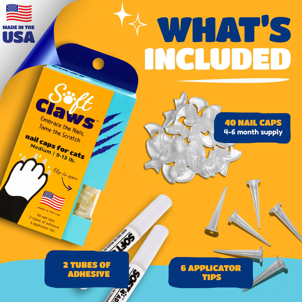 Soft Claws blue nail caps close-up highlights pet-safe adhesive.