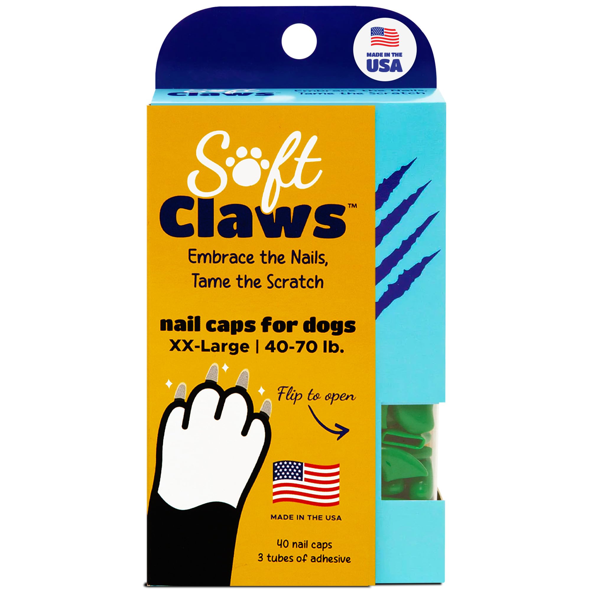 Soft Claws nail caps on a dog's paw provide floor protection during play