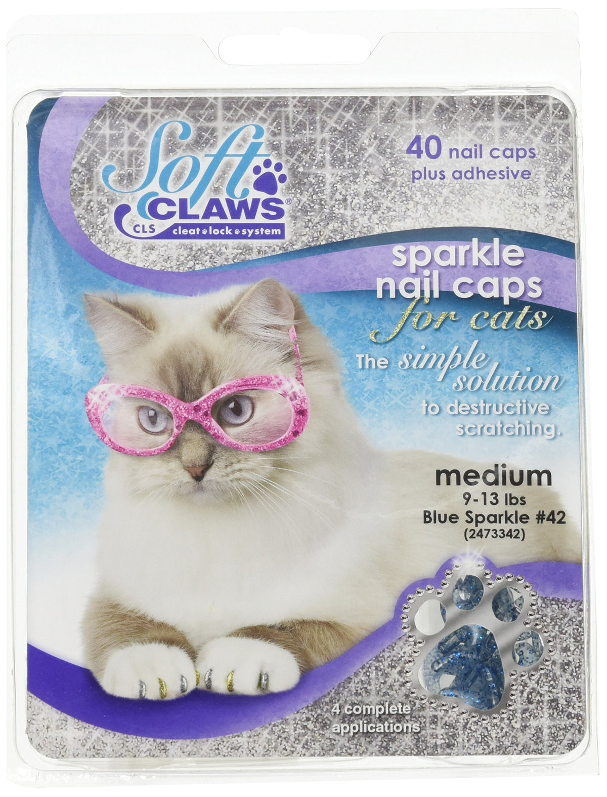 Soft Claws nail caps on a cat paw—furniture protection with gentle wear.