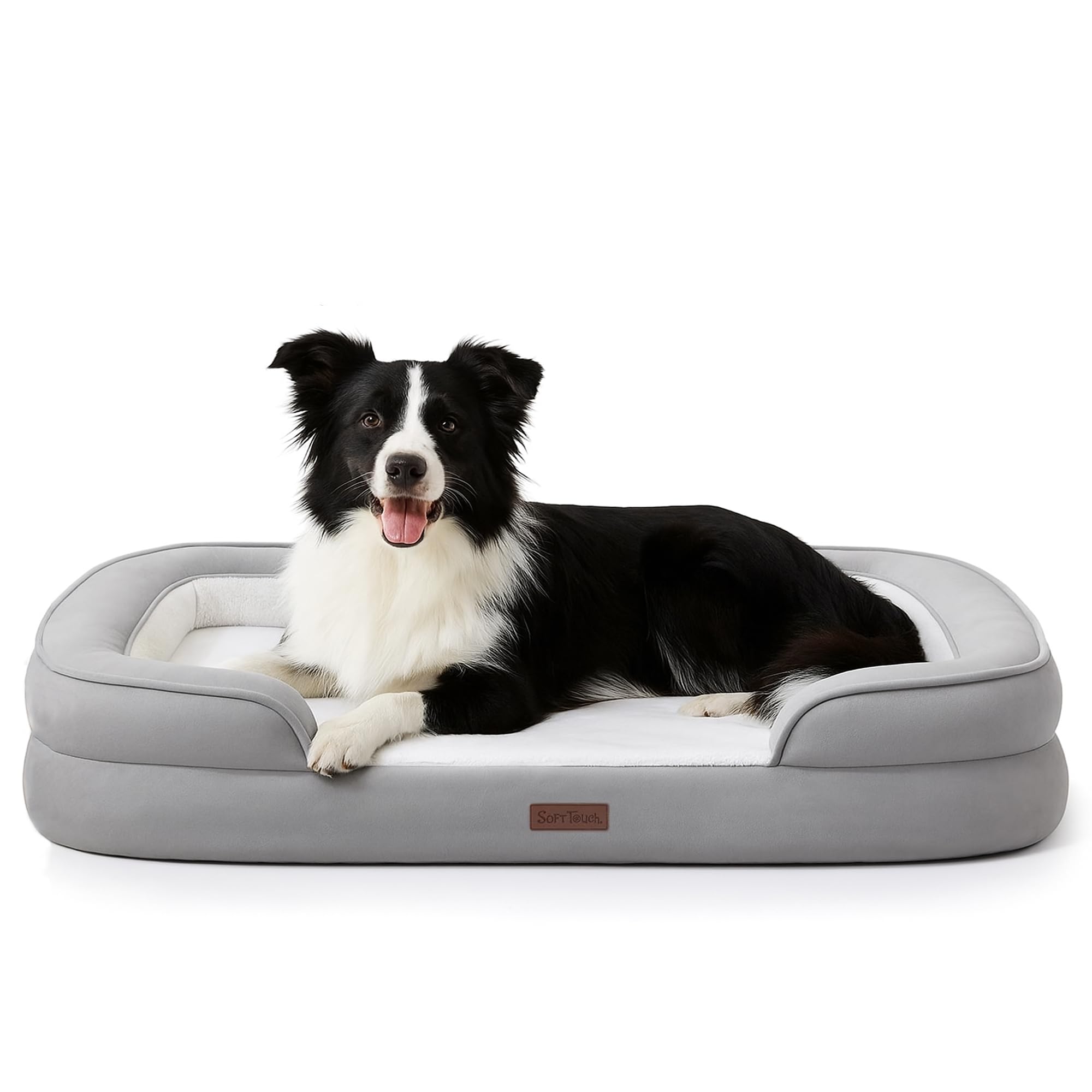 Soft Touch orthopedic dog bed grey top view showing plush faux fur for cozy naps