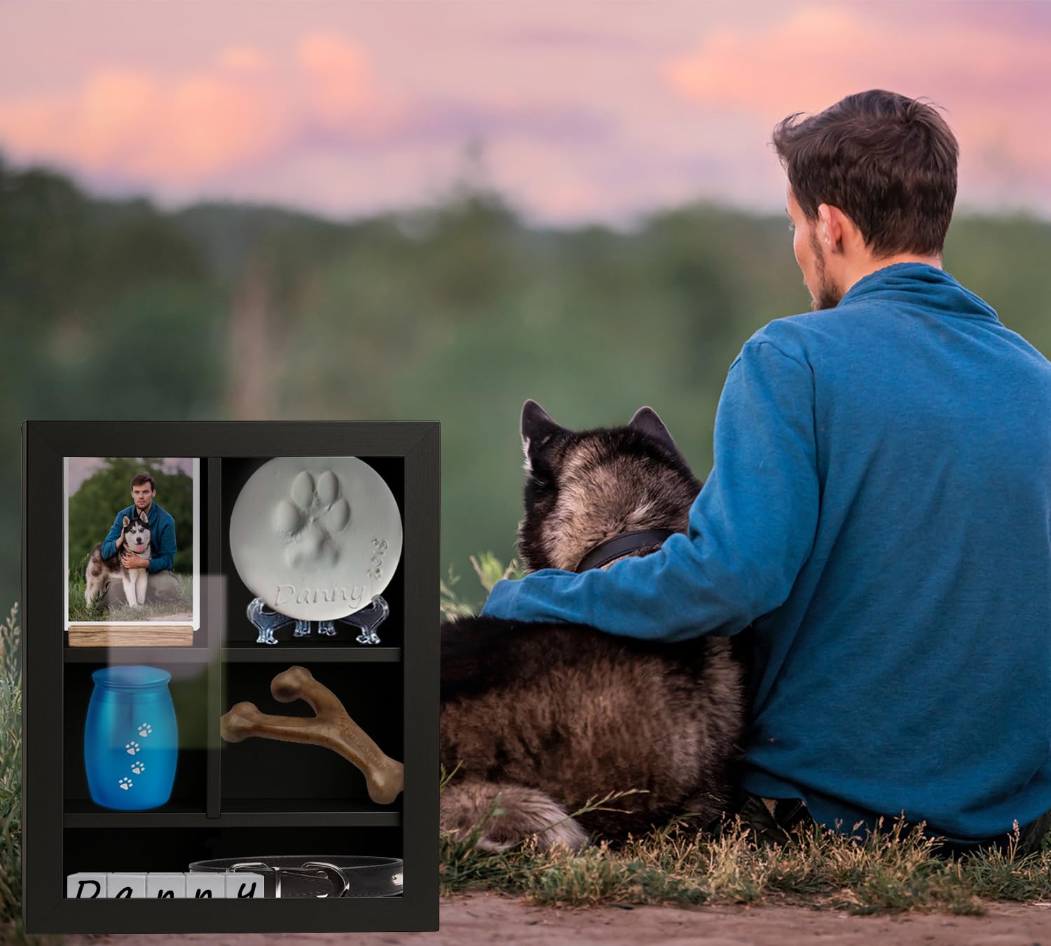 Sofunii Pet Memorial Shadow Box hanging setup supports horizontal or vertical wall display.