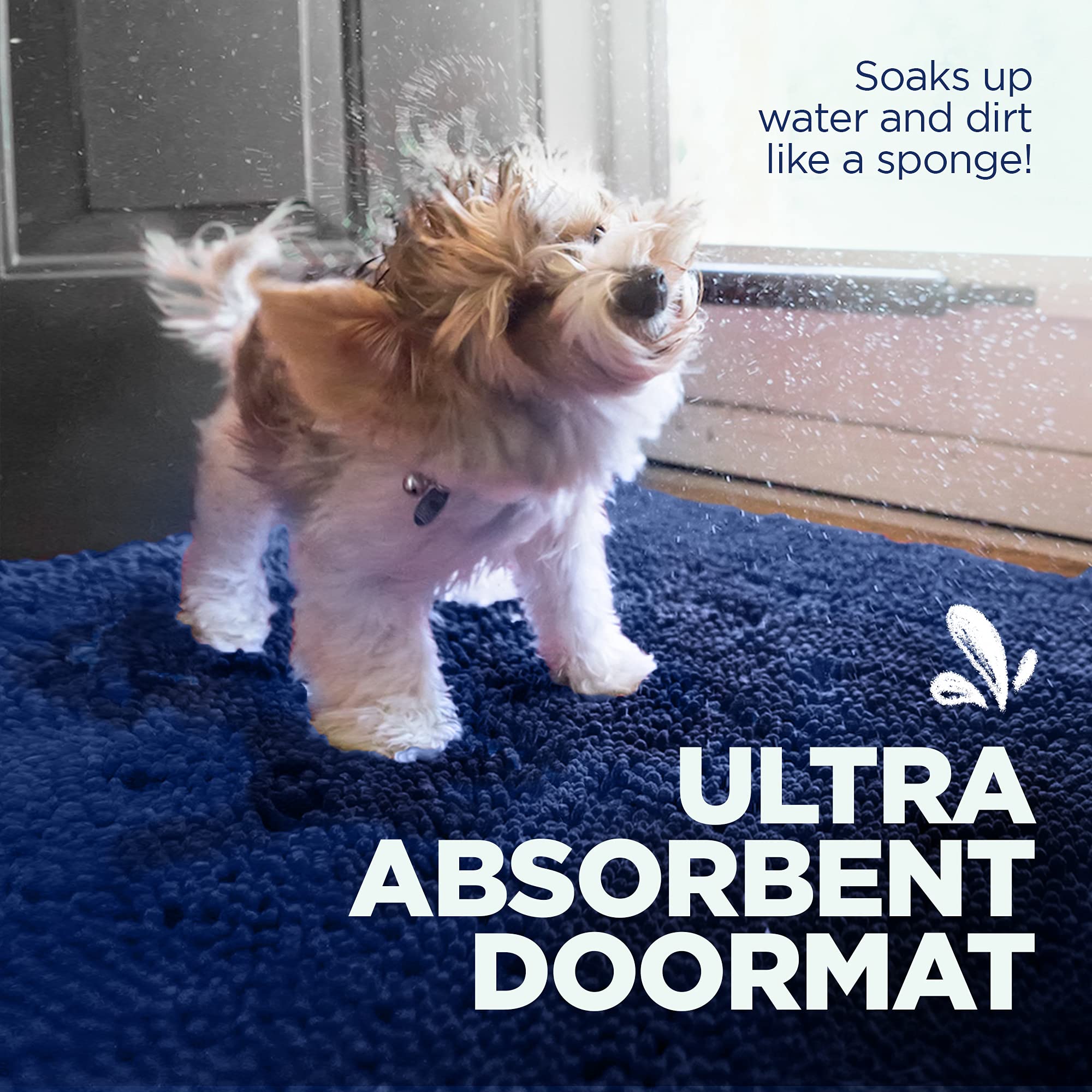 Soggy Doggy Doormat navy-blue absorption closeup highlights high-water uptake