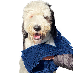 Soggy Doggy Super Shammy front view in navy showing towel size for drying paws after walk