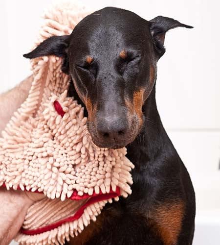 Soggy Doggy towel with built-in hand pockets securing grip during drying.