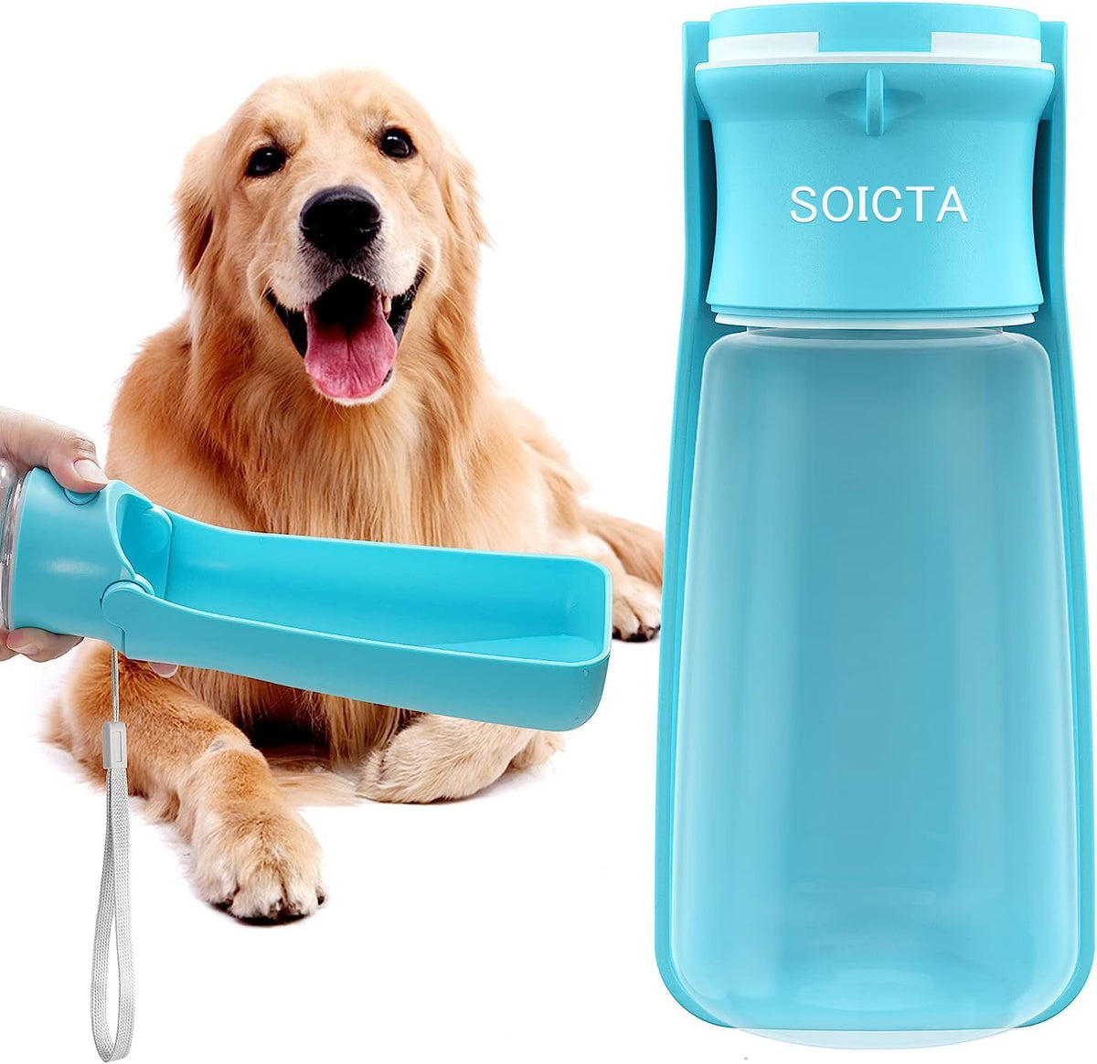 SOICTA portable dog water bottle 19oz blue cap shows foldable design for on-the-go hydration