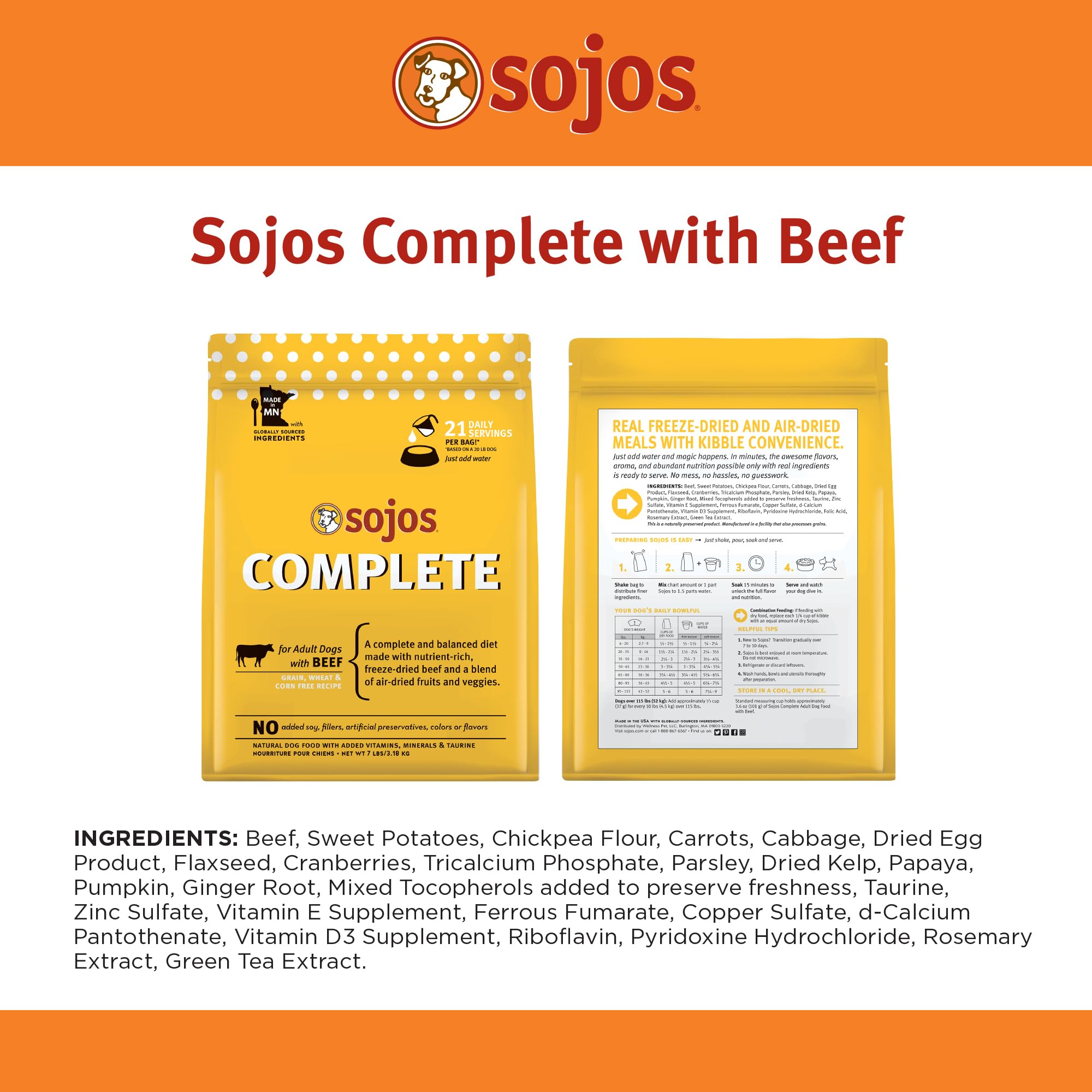 Sojos Complete Beef bag with scoop ready for quick meal prep.