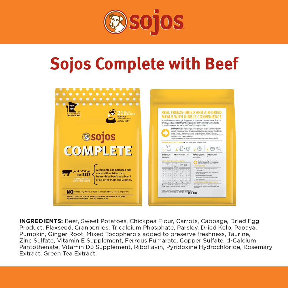 Sojos Complete Beef bag with scoop ready for quick meal prep.