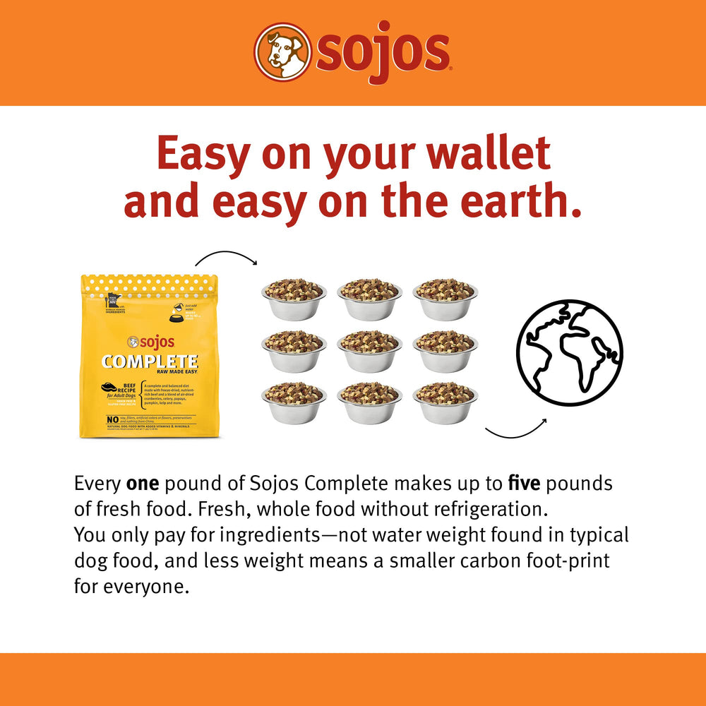 Sojos Complete Beef chunks close-up showcasing real meat texture.