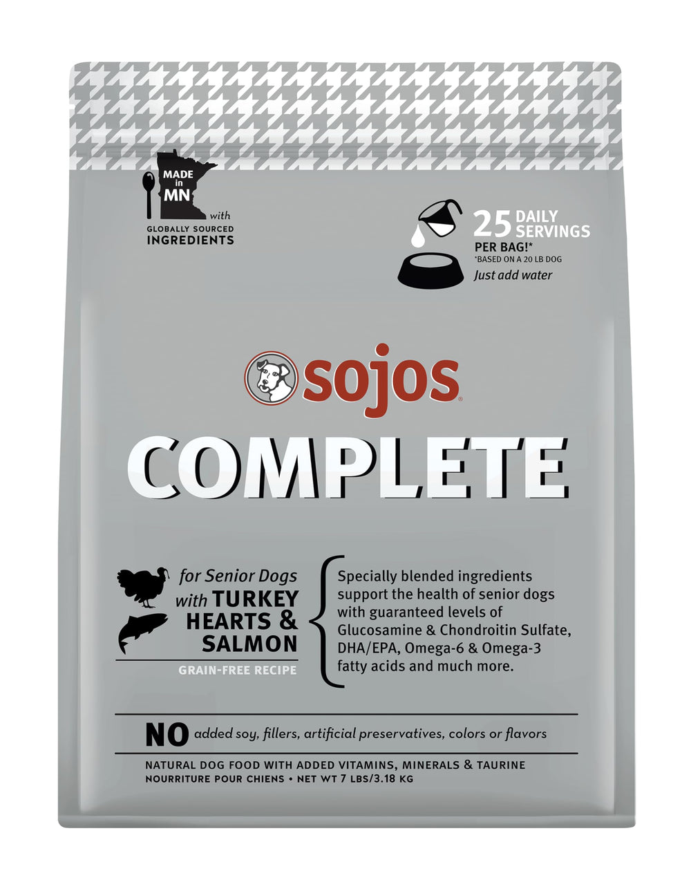 Sojos Complete turkey-salmon dog-food-bag shows dehydrated mix ready for quick rehydration