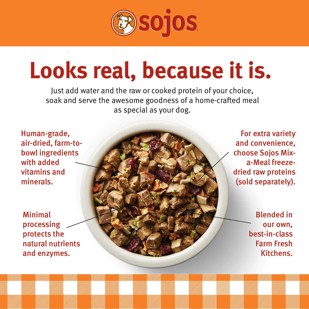SOJOS Mix-A-Meal raw-meat-add-water shows quick rehydration for fresh meals.
