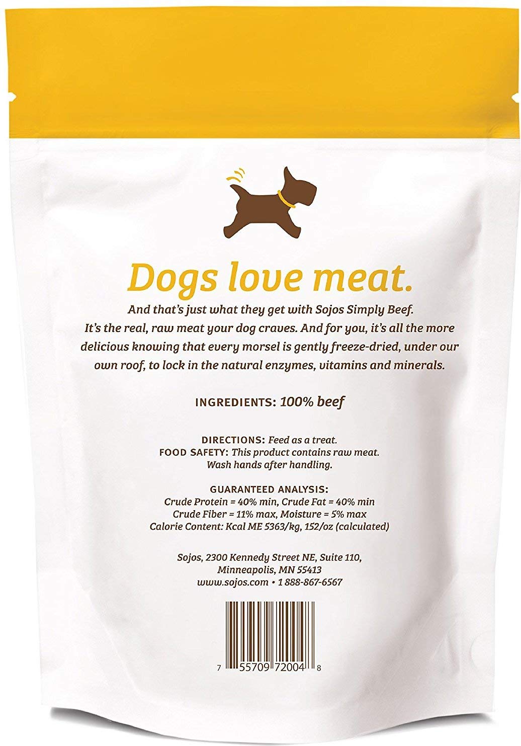 Sojos Simply Beef Dog Treats two-pack with freeze-dried beef texture for travel snacks.