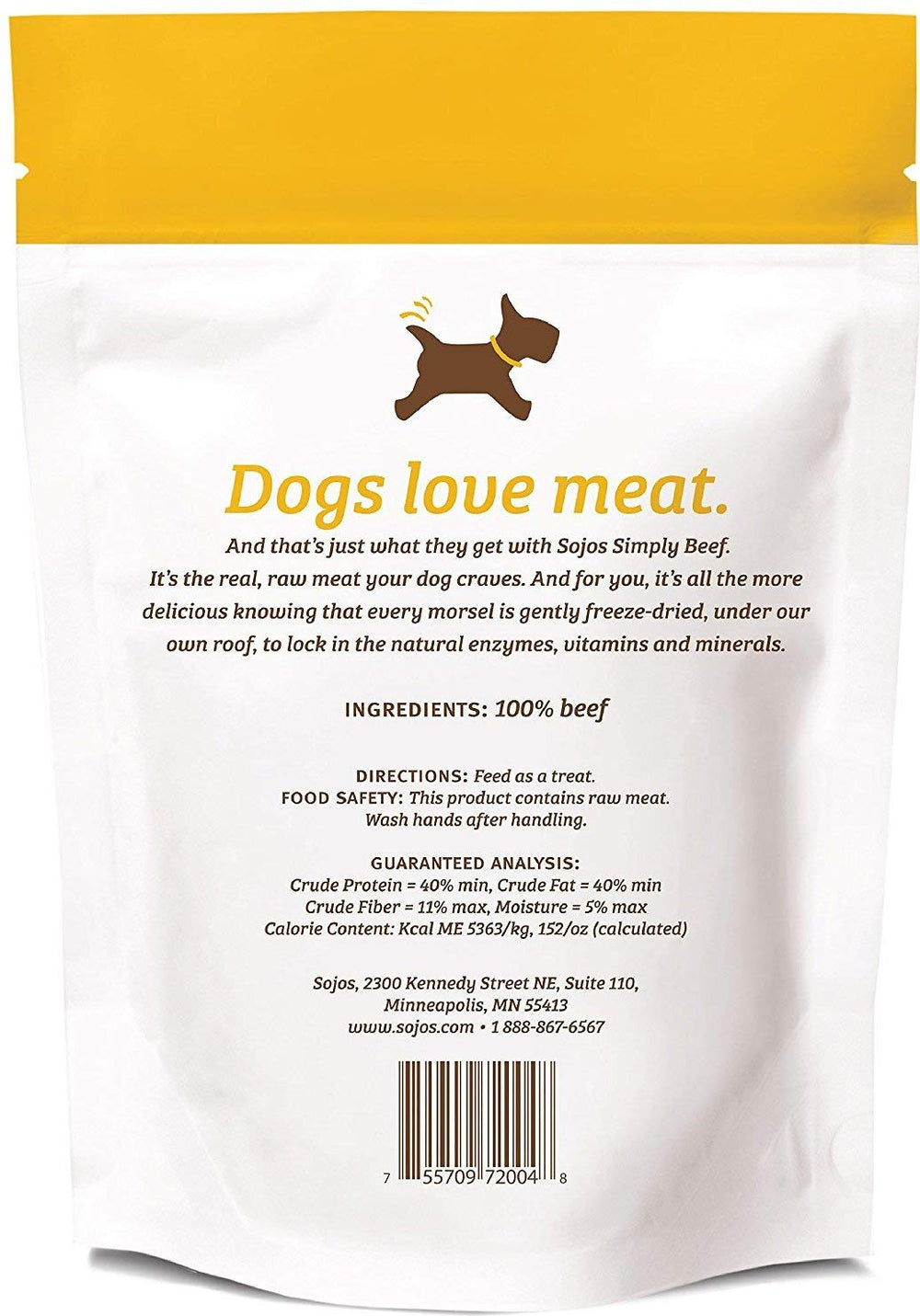 Sojos Simply Beef Dog Treats two-pack with freeze-dried beef texture for travel snacks.
