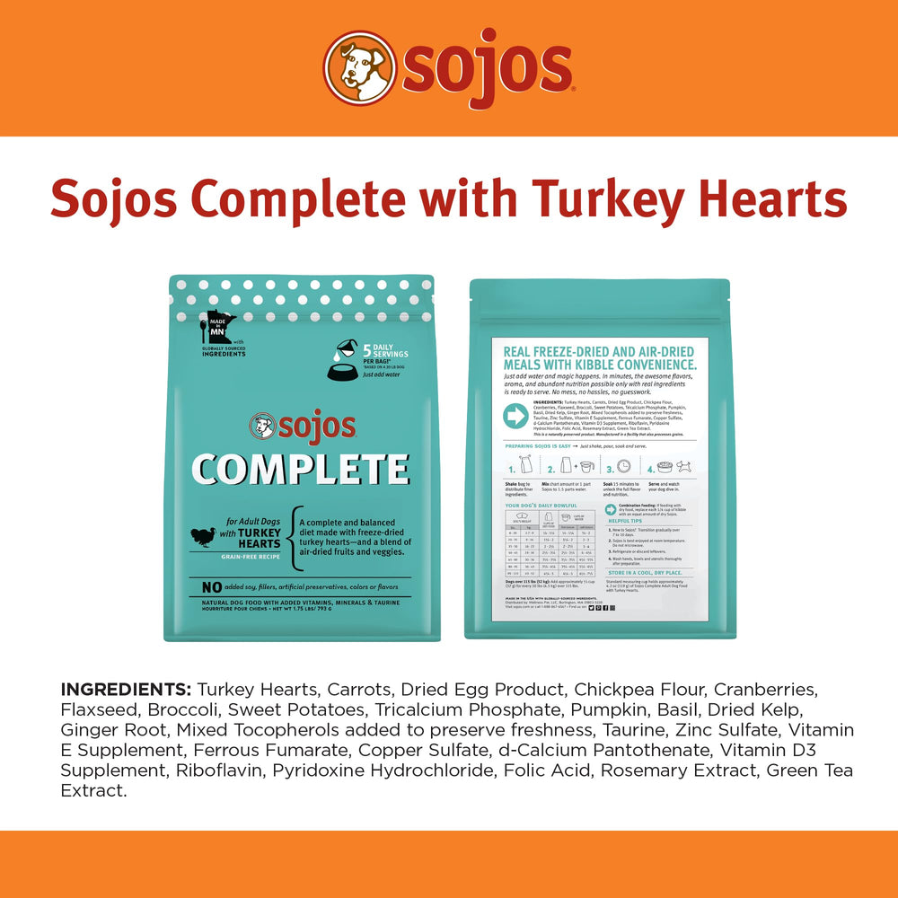 Sojos Turkey Recipe Dehydrated Dog Food bowl close-up highlights texture and kibble size.