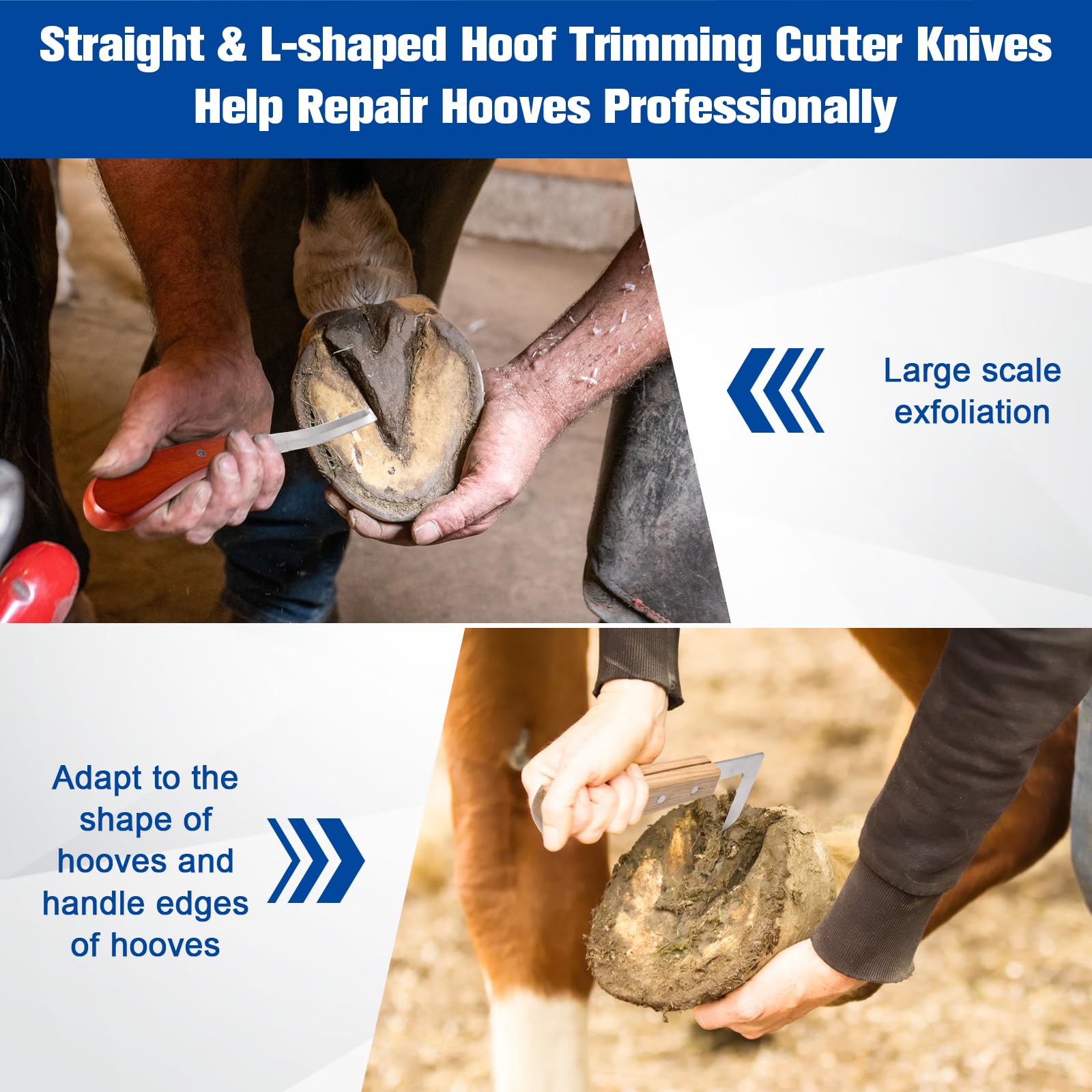 Solaradgy hoof trimming knives L-shaped view for controlled trims.