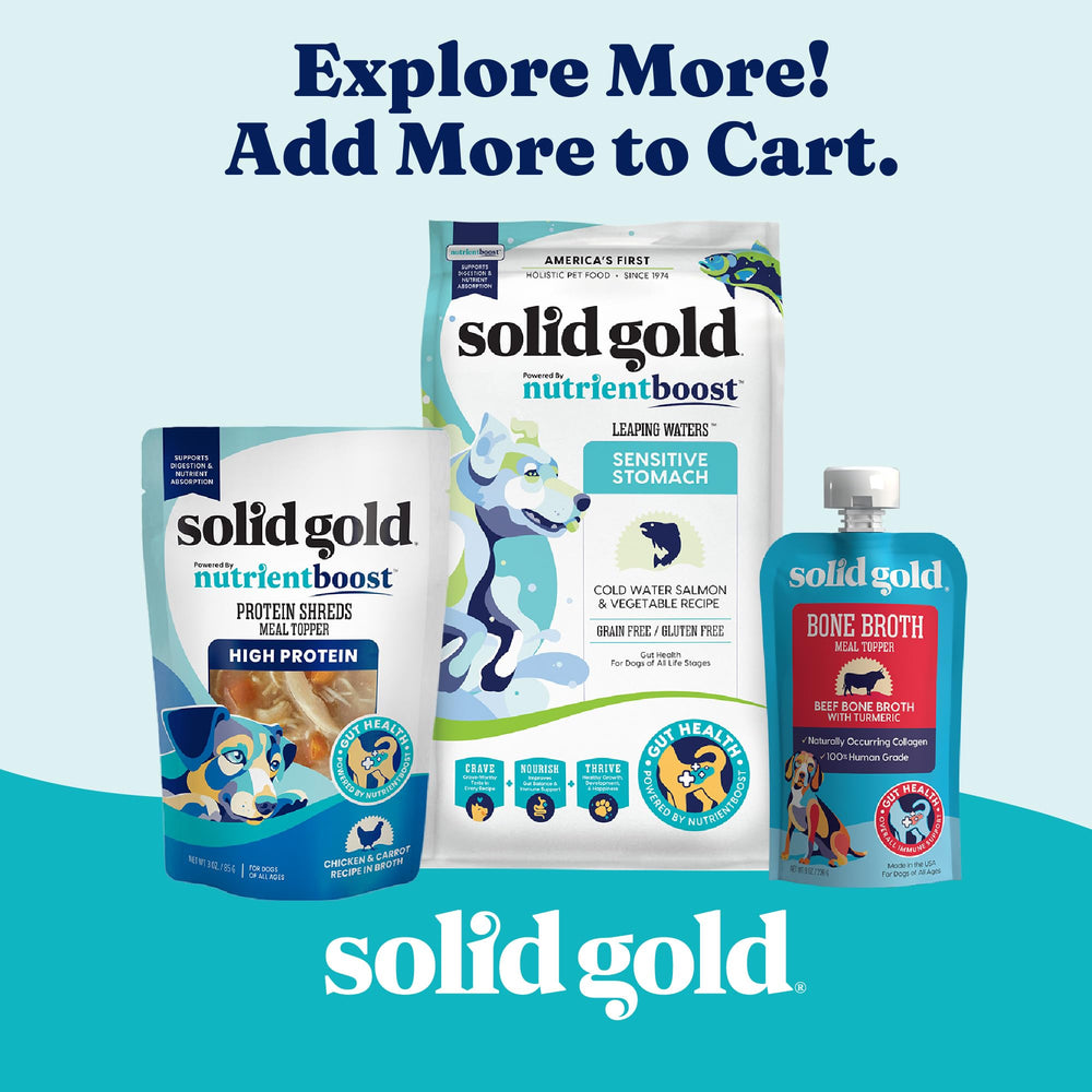 Solid Gold 2lb packaging image communicates convenient, shareable dog food topper.