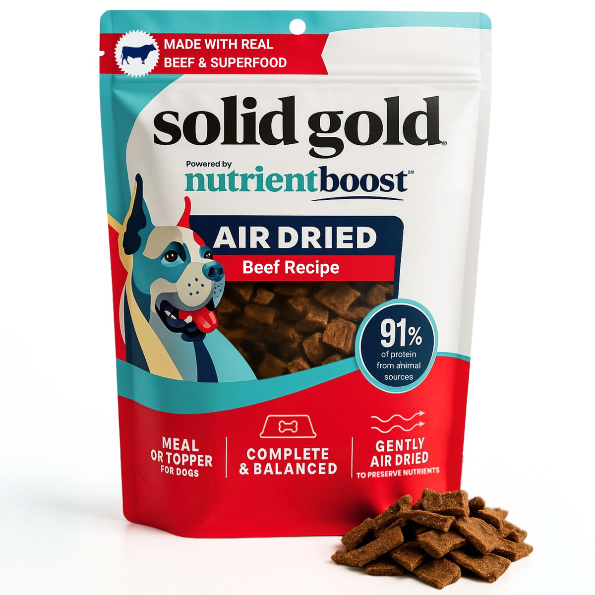 Solid Gold air-dried dog topper featuring beef serving for flavorful meals.