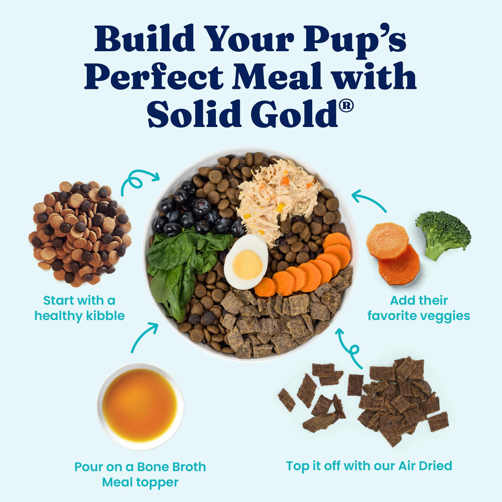 Solid Gold beef bone broth served in a bowl as a meal topper.
