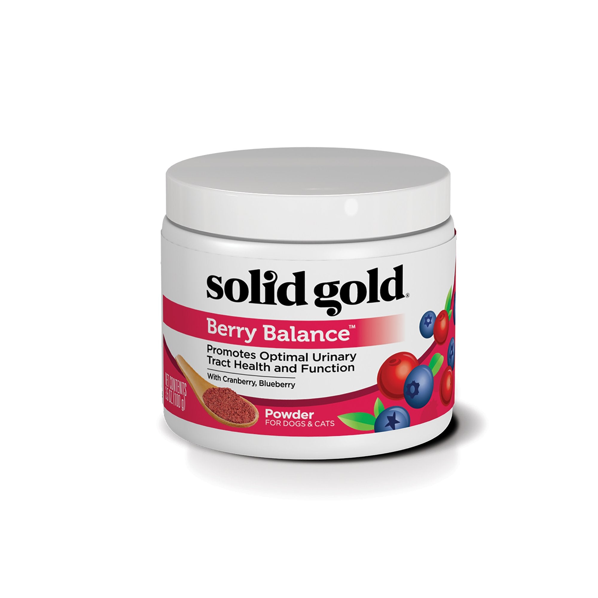 Solid Gold Berry Balance powder tub highlights urinary support for dogs and cats.