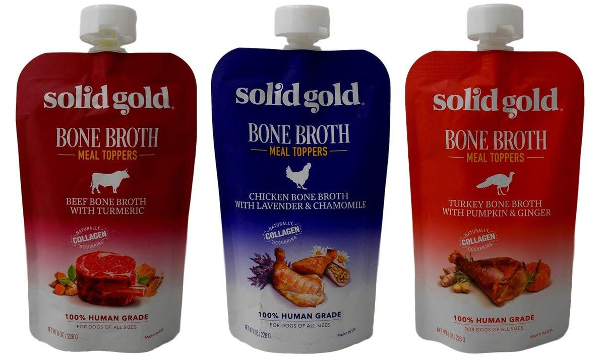 Solid Gold bone broth beef-pour bottle for easy meals and joint support.