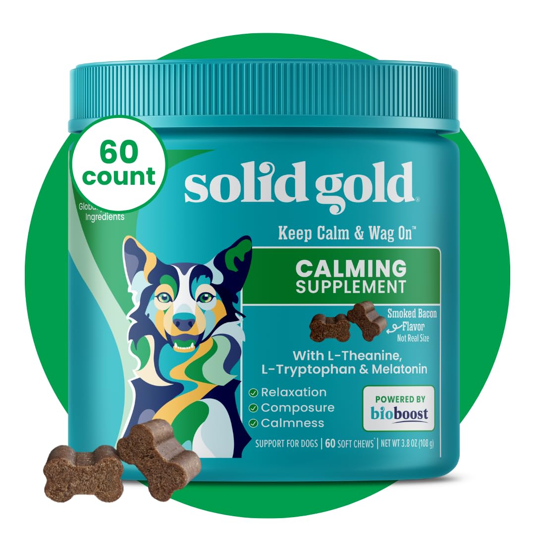 Solid Gold Calming Chews bottle closeup showing bacon flavor for relaxed dogs