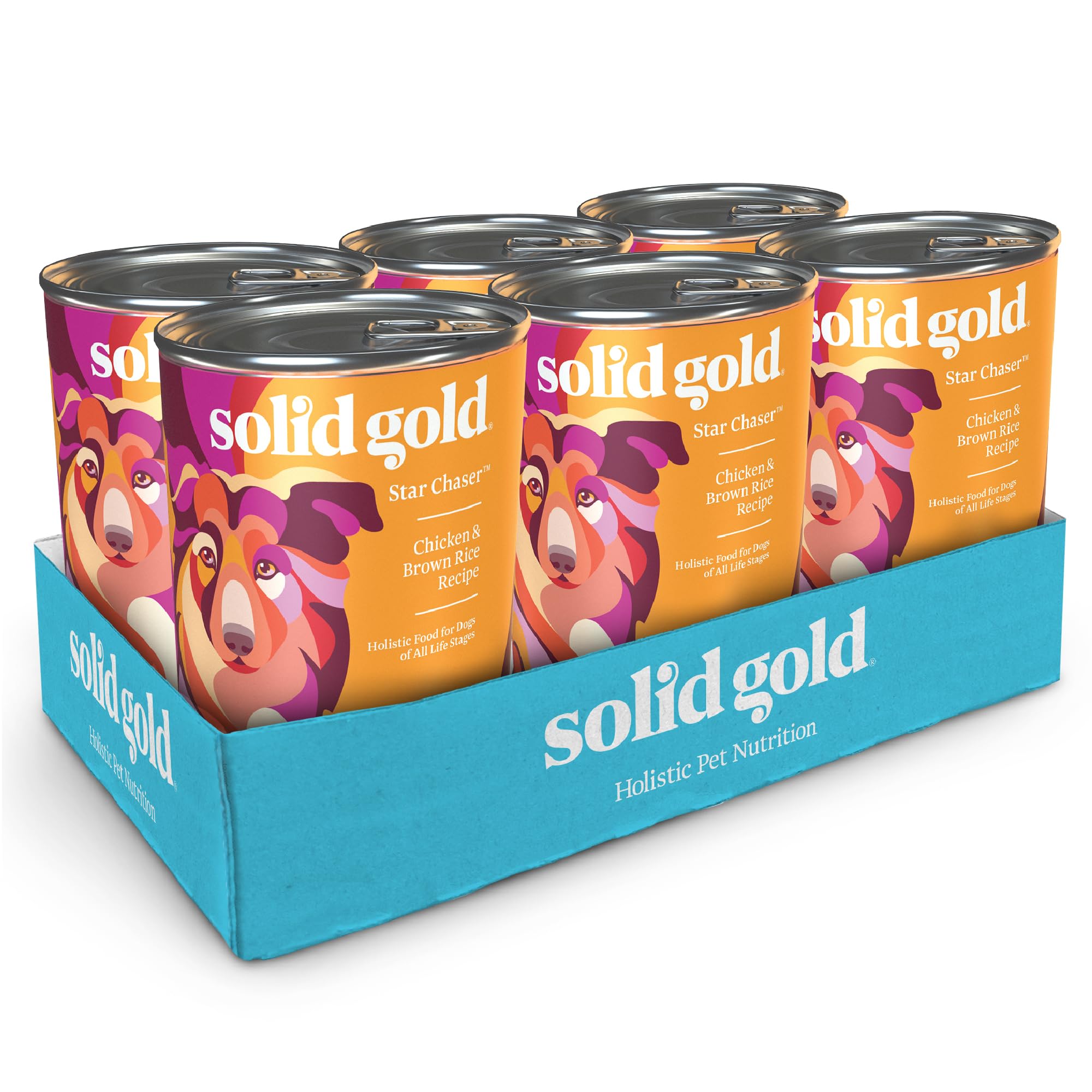 Solid Gold canned dog food packaging highlights premium ingredients for everyday meals