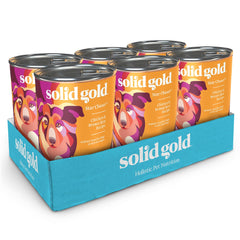 Solid Gold canned dog food packaging highlights premium ingredients for everyday meals