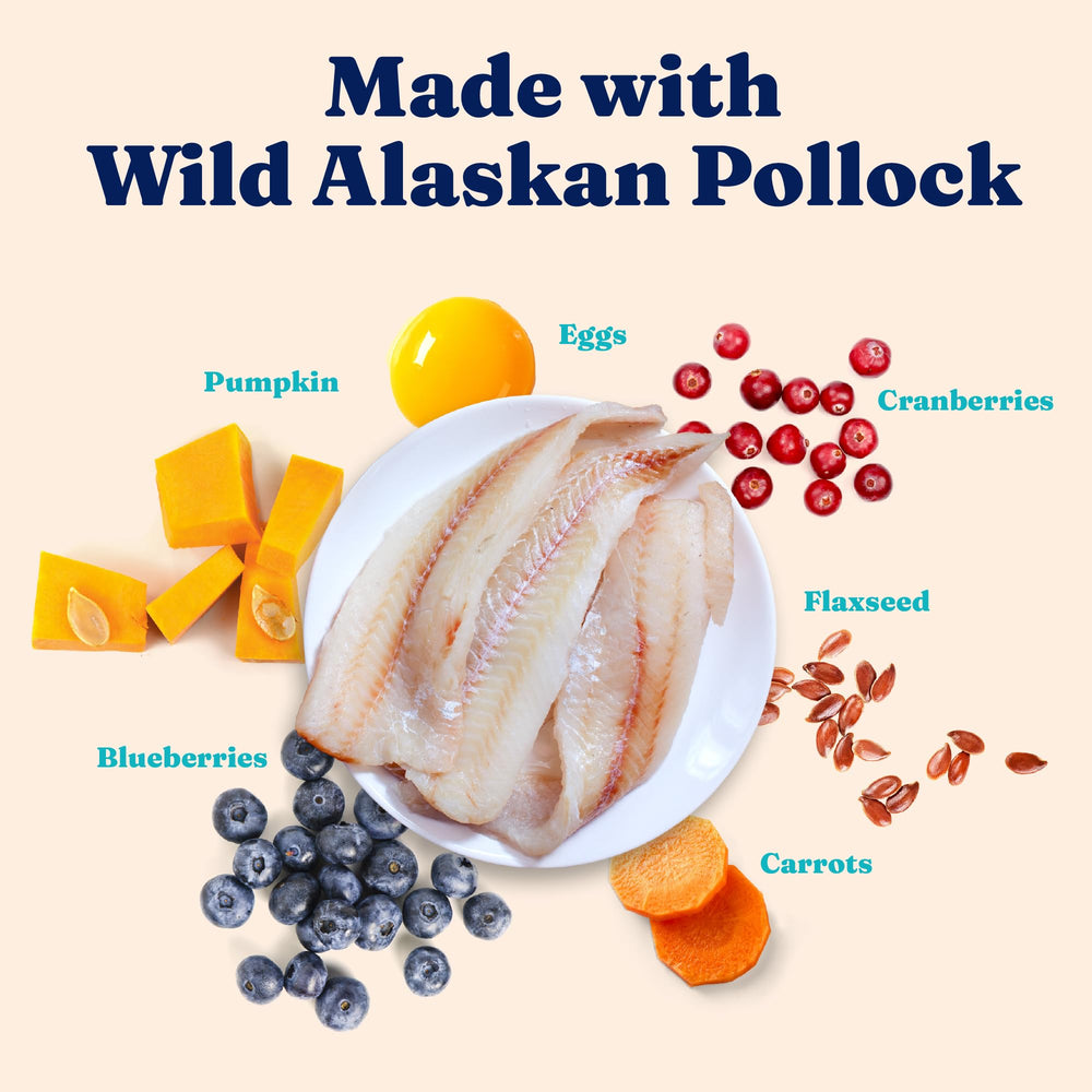 Solid Gold cat food egg pollock image highlights amino acids for healthy metabolism.