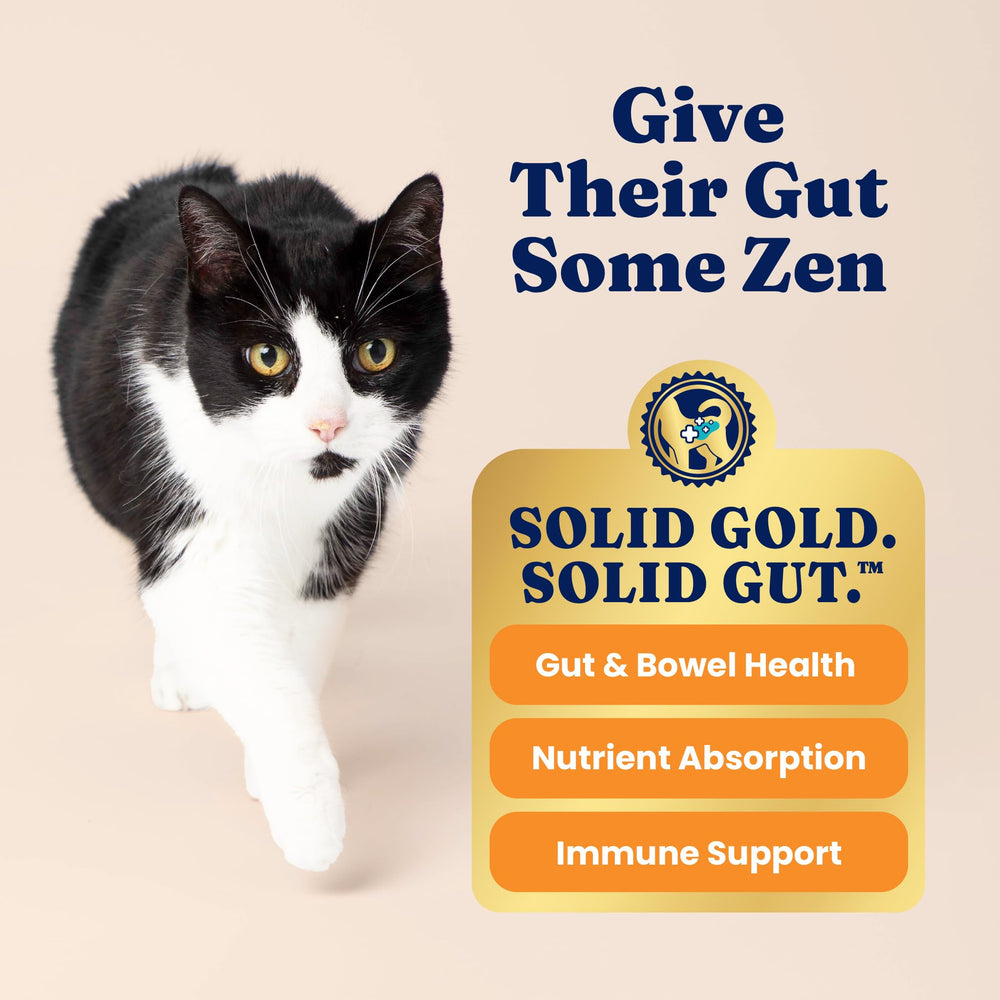 Solid Gold probiotics gut health panel illustrates prebiotics and live cultures for digestion.