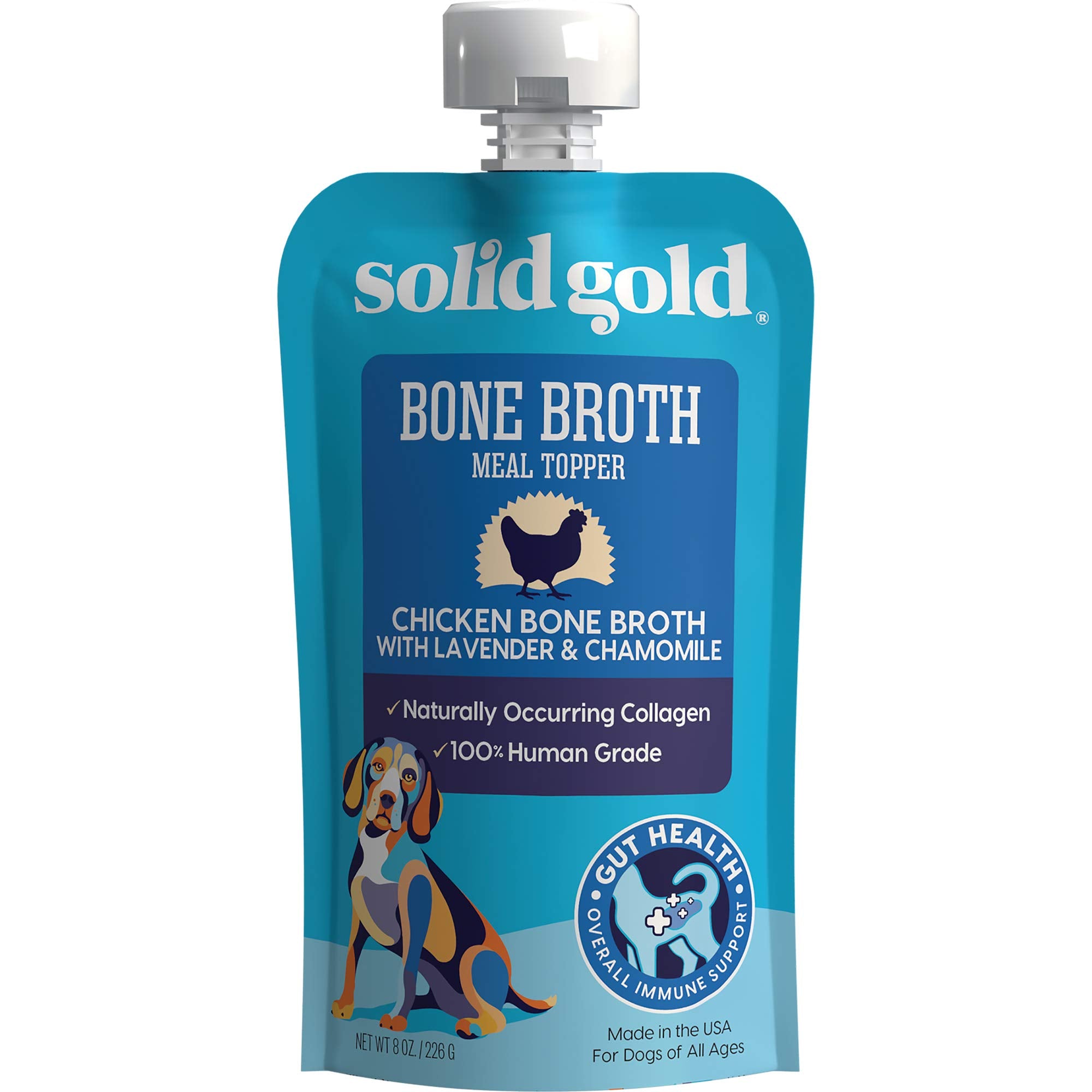 Solid Gold Chicken Bone Broth topper helps entice picky eaters.