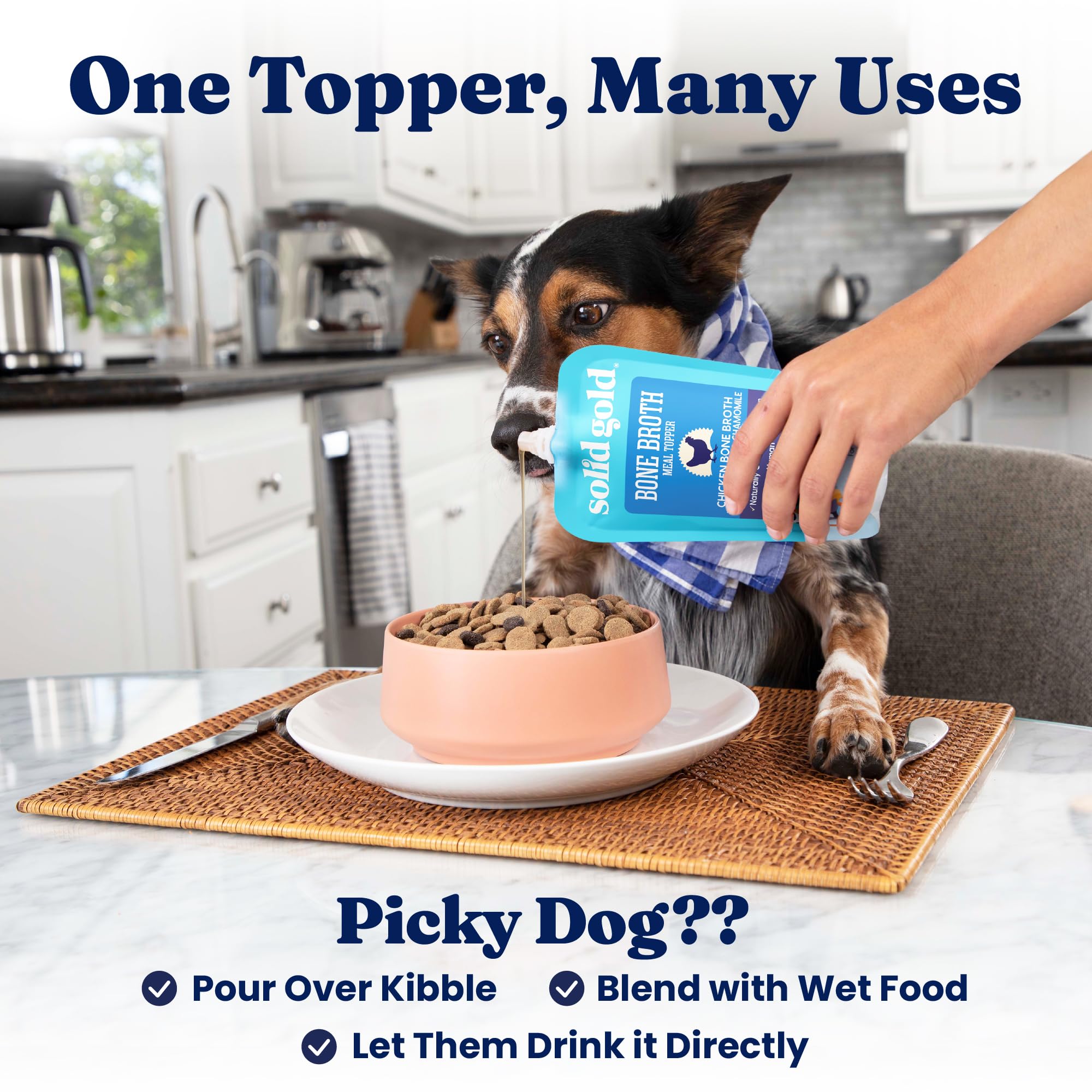 Solid Gold Chicken Bone Broth topper supports joints for senior dogs.