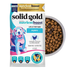 Solid Gold puppy food bag front featuring cage-free chicken for premium puppy protein.