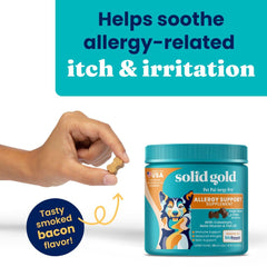 Solid Gold dog allergy chews bacon flavor shot illustrating tasty soft texture