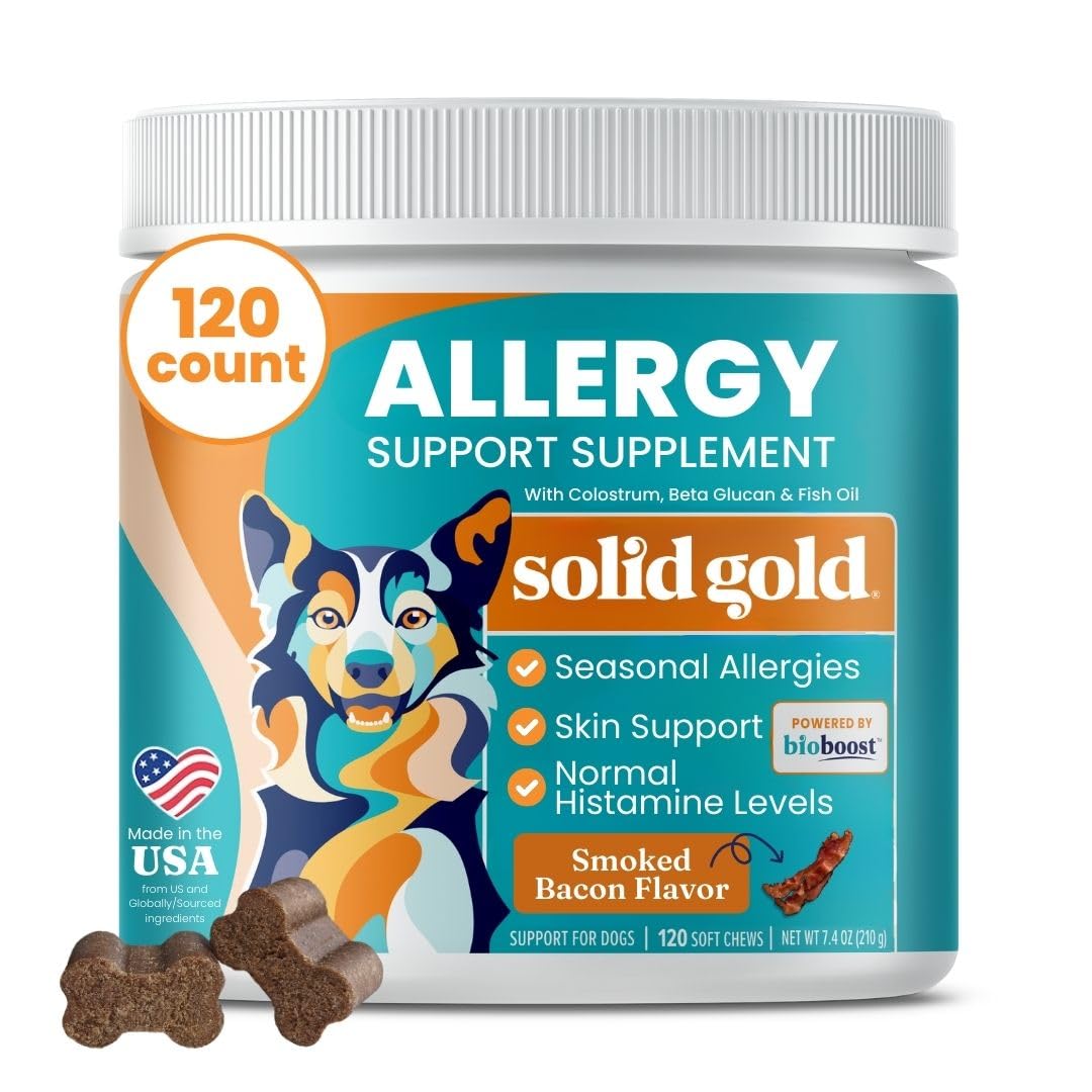 Solid Gold Dog Allergy Relief Chews bottle - savory bacon flavor supports skin and coat.