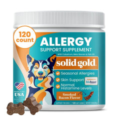 Solid Gold Dog Allergy Relief Chews bottle - savory bacon flavor supports skin and coat.
