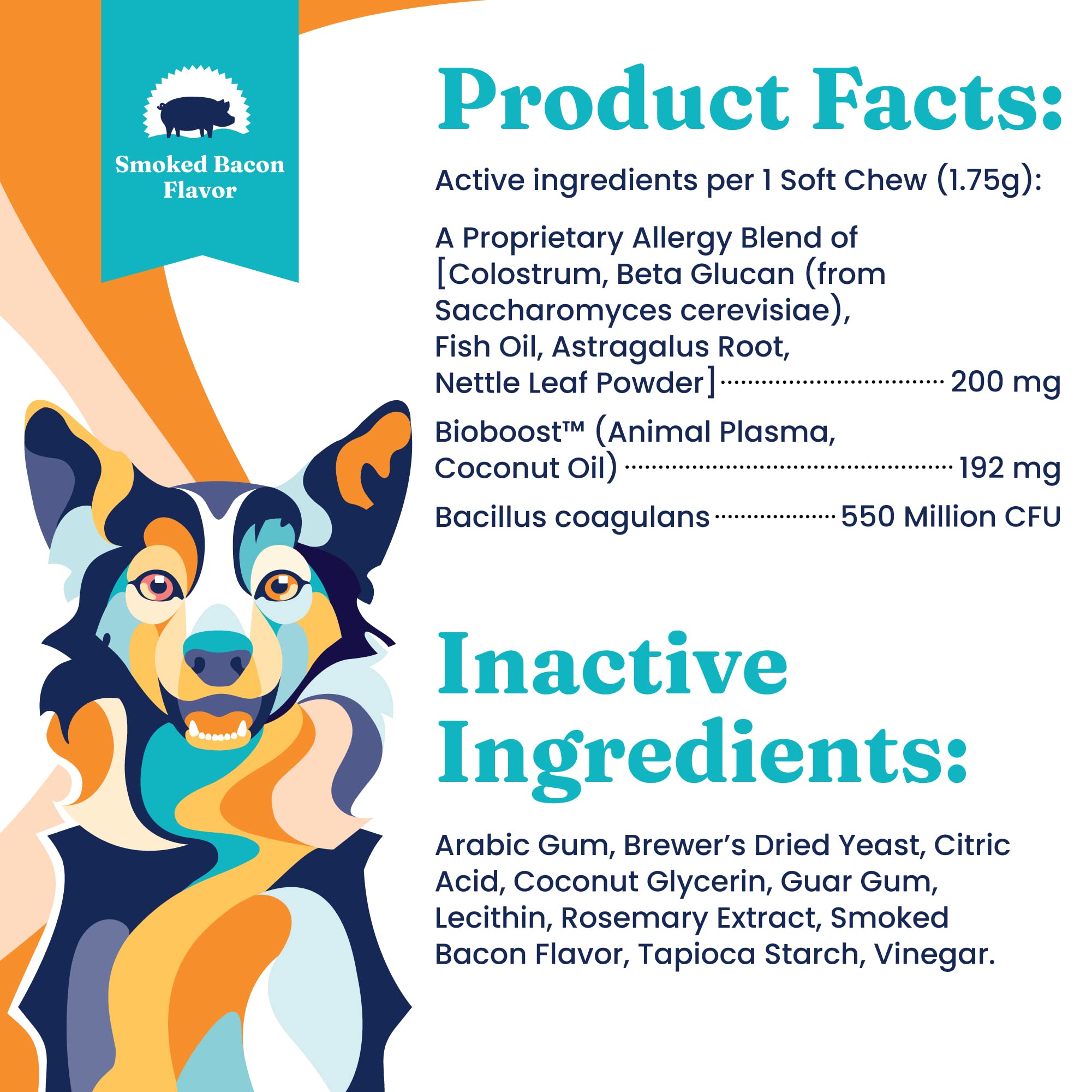 Solid Gold allergy chews label shows probiotic, colostrum, astragalus ingredients