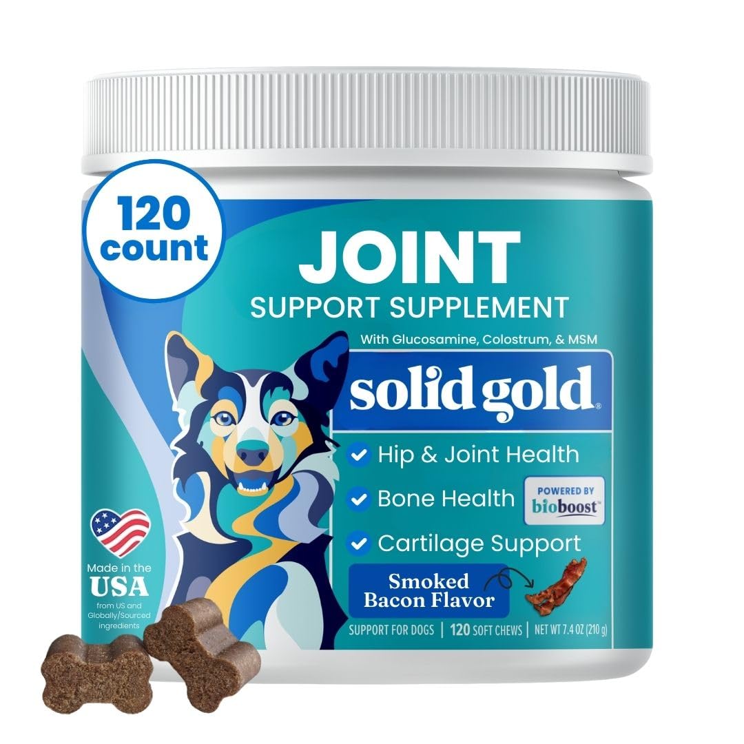 Solid Gold dog hip joint supplement bottle pour promotes joint support.