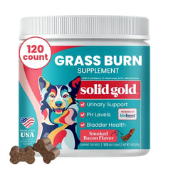 Solid Gold dog pee grass repair chews packaging shows 120-count bottle for lawn care.