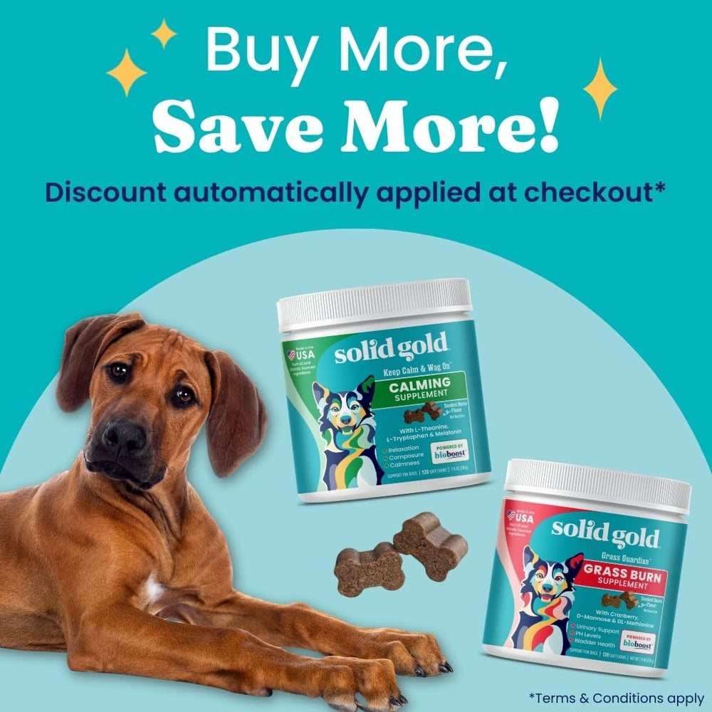 Solid Gold dog pee grass repair chews close-up reveals cranberry and ACV ingredients.