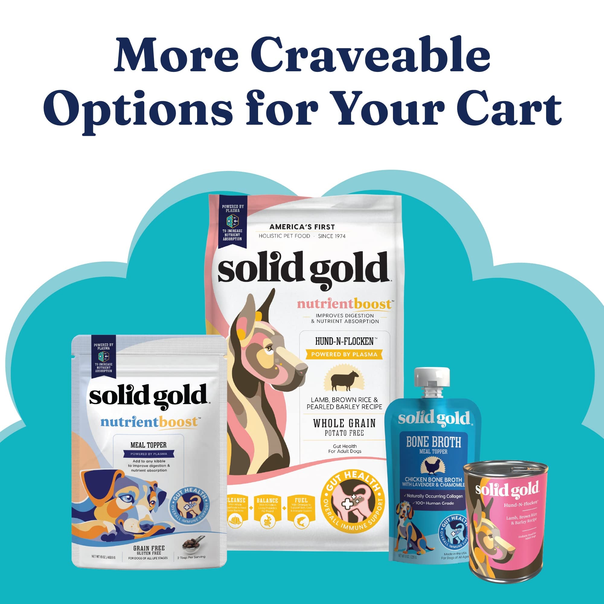 Solid Gold dog probiotics-500-million-cfu display underscores strong gut flora support.