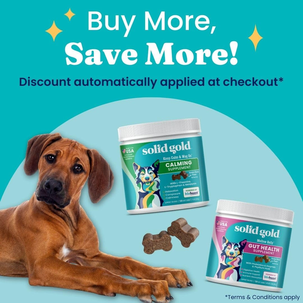 Solid Gold probiotics packaging back presents ingredients for digestion support and overall gut health.