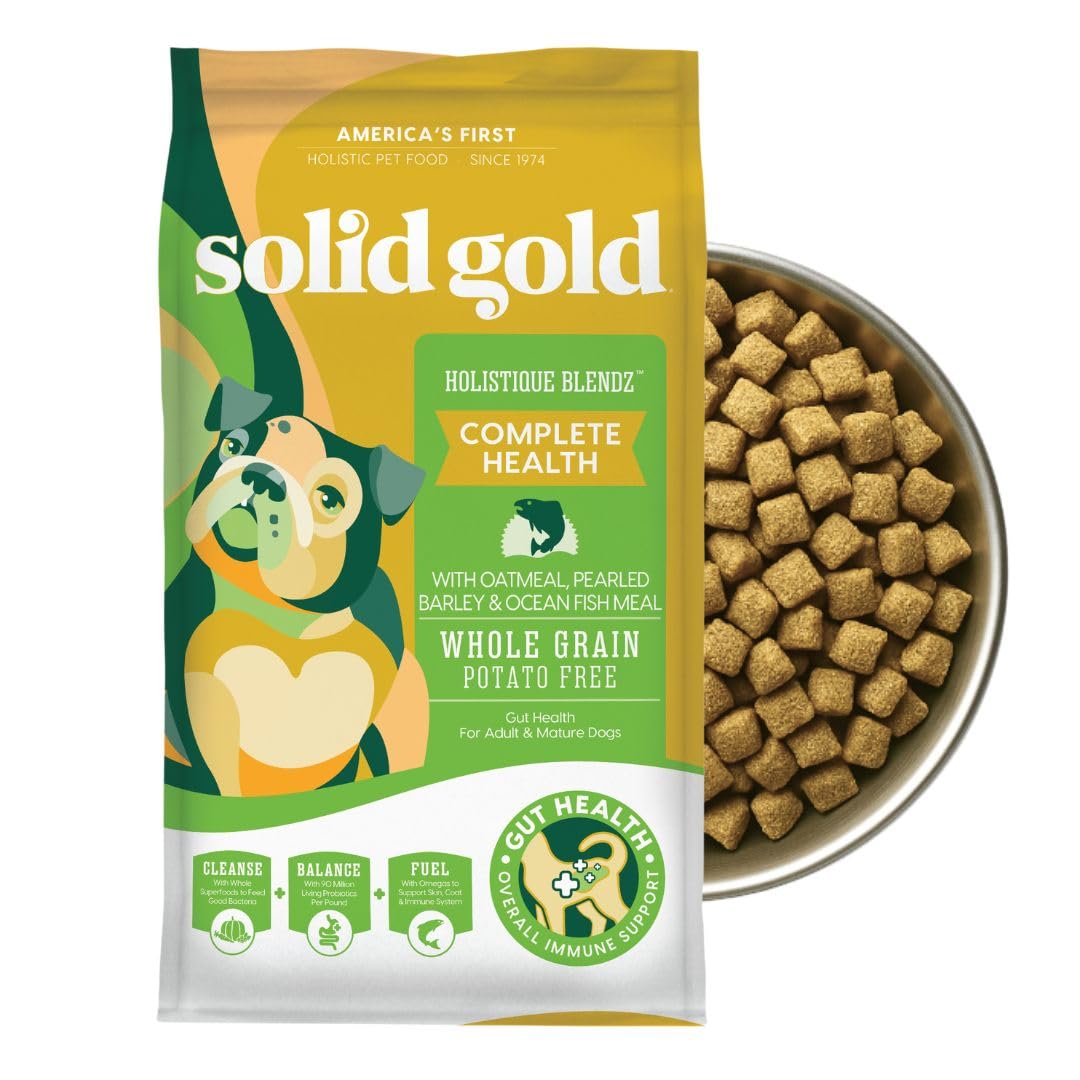 Solid Gold adult and senior kibble in a bowl supports balanced nutrition.