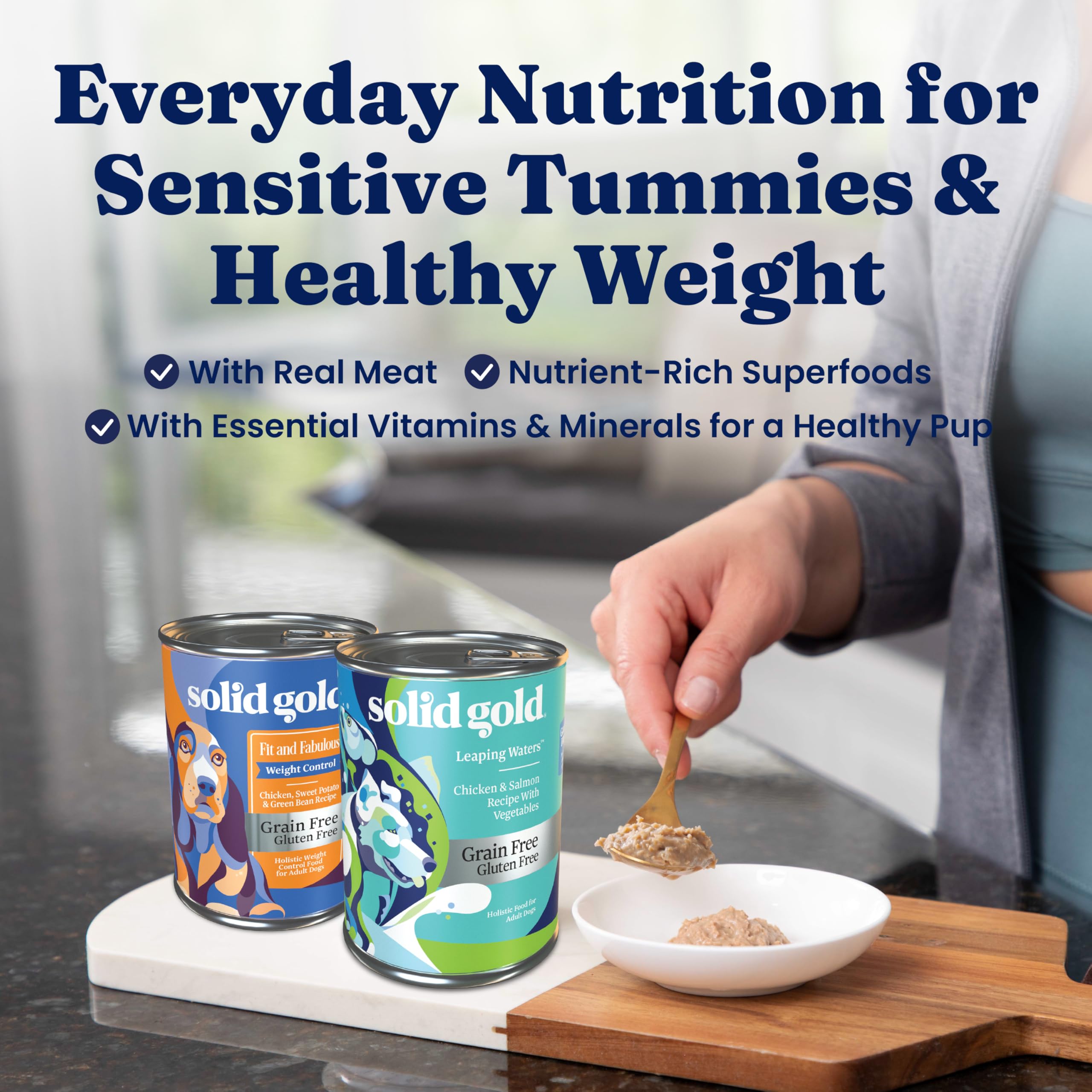 Solid Gold Fit & Fabulous chicken wet dog food can closeup shows lean protein for balanced meals.