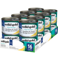 Solid Gold Five Oceans shreds in gravy tuna can provides premium protein for cats.