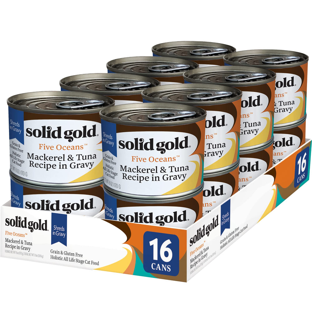 Solid Gold Five Oceans wet cat food shreds in gravy cans on shelf — convenient grain-free meal option.
