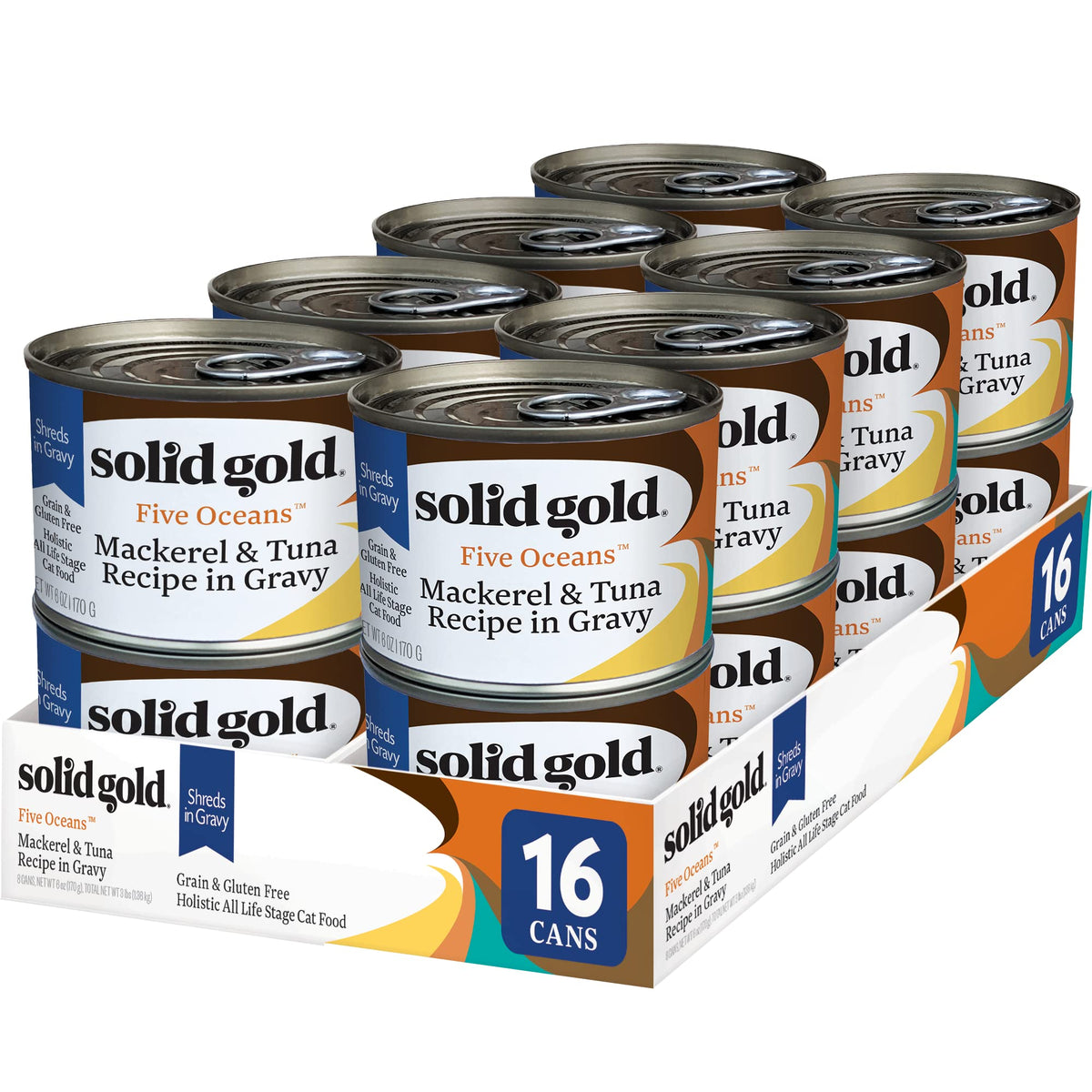 Solid Gold Five Oceans wet cat food shreds in gravy cans on shelf — convenient grain-free meal option.