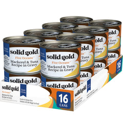 Solid Gold Five Oceans wet cat food shreds in gravy cans on shelf — convenient grain-free meal option.